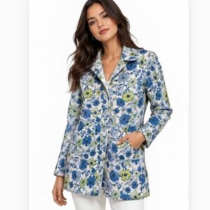 Nine West Coat Womens Medium Blue Green Floral Button Front Cotton Trench Jacket